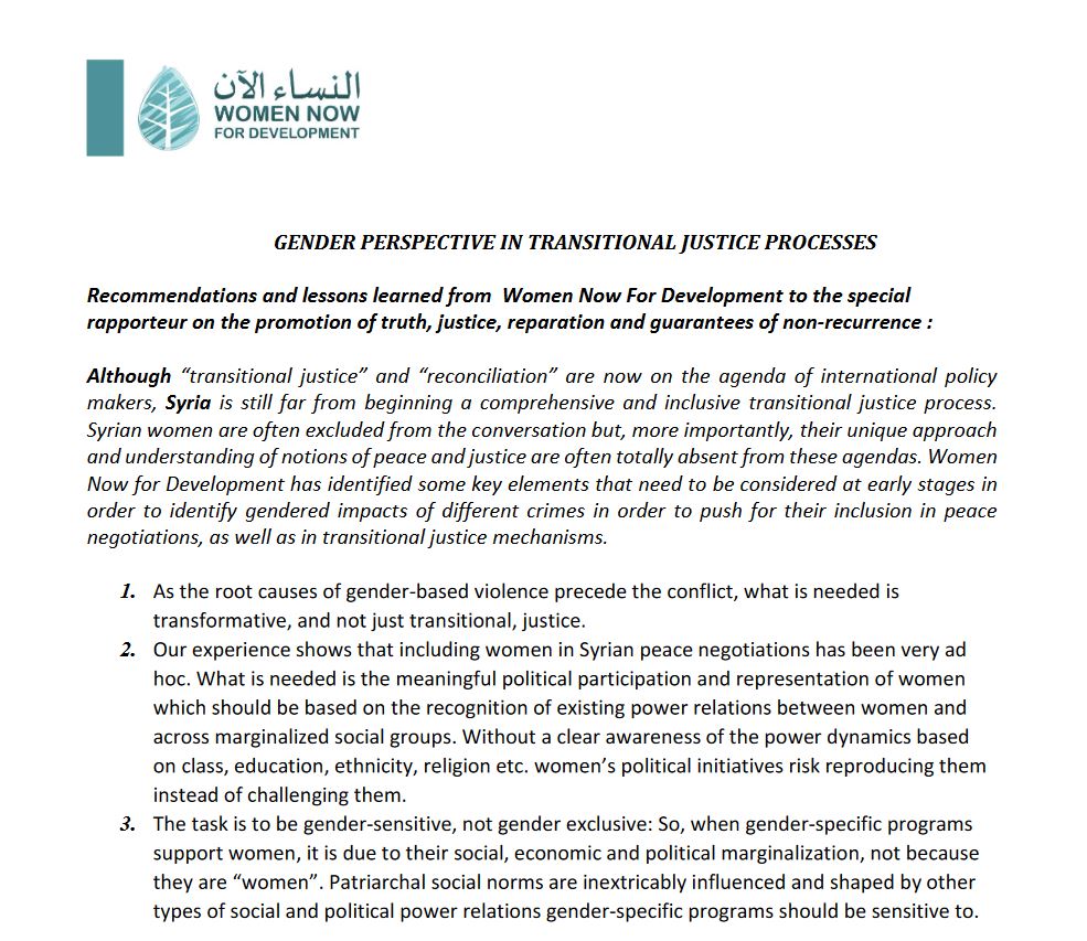 Women Now for Development has provided some recommendations and lessons learned to the special rapporteur on the promotion of truth, justice, reparation and guarantees of non-recurrence
