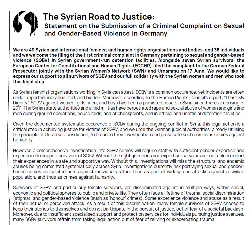 These crimes continue to be systematically committed in Syria, and the suffering of victims often continues after they leave the detention centre via other types of social violence, such as discrimination, stigmatization and honour killings.
